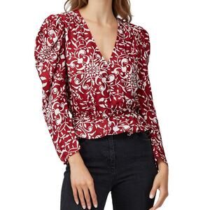 The Kooples V-Neck Top Flouncy Ruffles Red Printed Size 1 Small